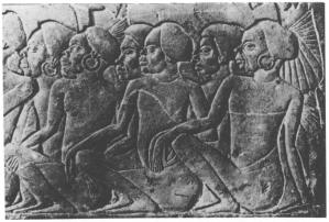 Nilotic men from areas south of the fourth cataract, shown on a New Kingdom Egyptian frieze with characteristic "Negroid" features, facial prognathism and kinky hair. Skeletal analysis of ancient individuals exhumed from the A cemetery at the Pan-Grave site of Sayala indicates that 9.6% of these specimens had a similarly "Negroid" physiognomy (Strouhal and Jungwirth (1979)).