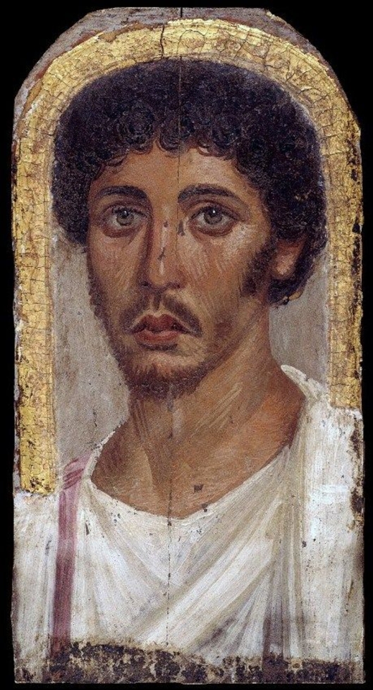Ptolemaic era portrait of an Egyptian man. The figure's very curly hair is mostly a legacy of admixture with the Hyksos, Semitic speakers who entered the Nile Valley during the Bronze Age. Forensic analysis of earlier Egyptian individuals dating from the predynastic period indicates that most of the examined specimens had soft-textured wavy or straight hair, with some individuals also having soft-textured curly hair (cf. Elliot Smith (1911)).